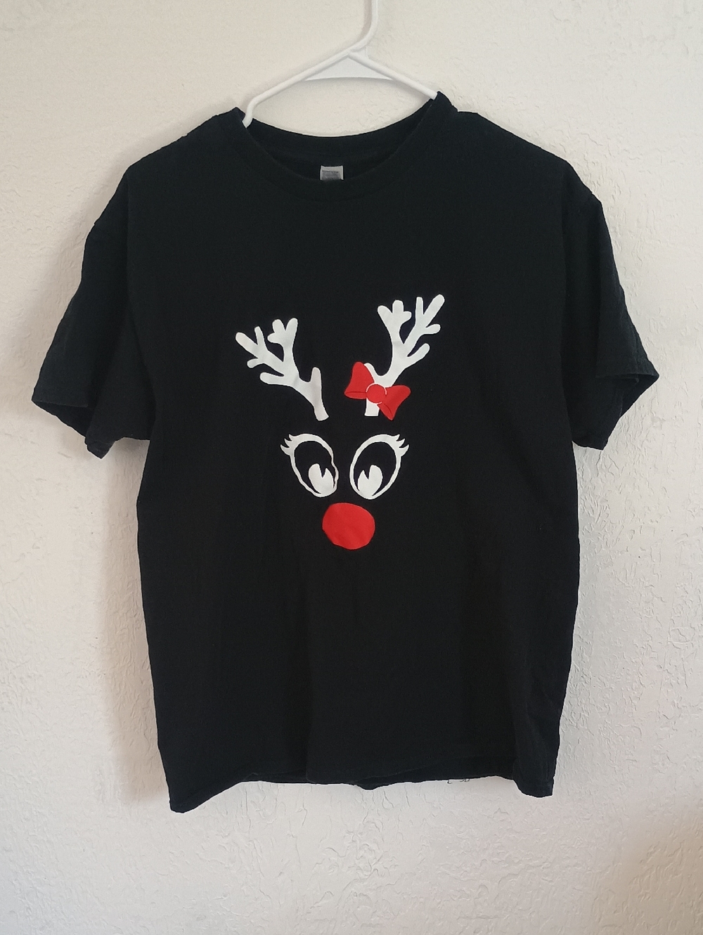 Gildan Black Kids Reindeer Face Tee with Red Nose & Bow